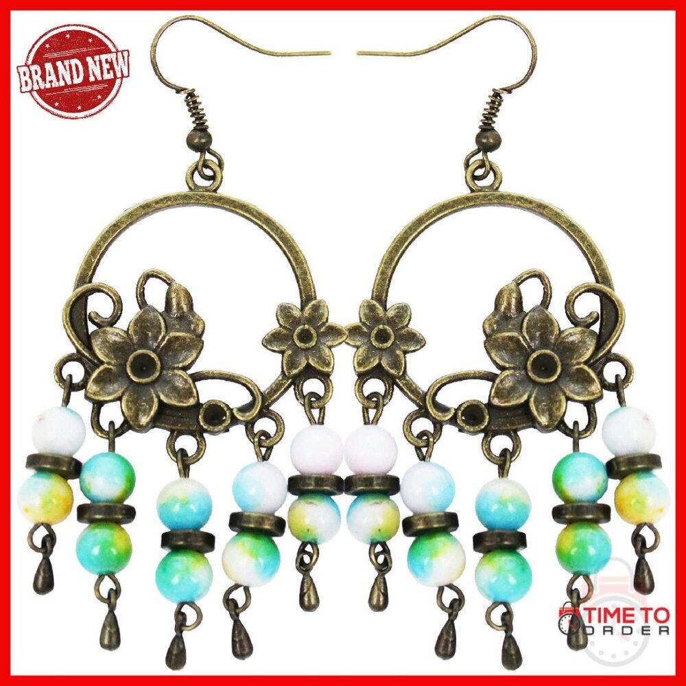 Handmade Floral Leaf Dangle Earrings 3 Inch Drop Hoop Jewelry